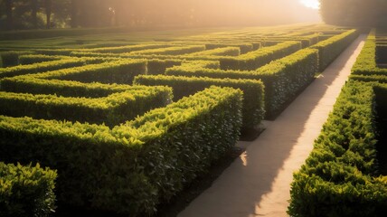 Hedge maze transforming into straight path under sunlight