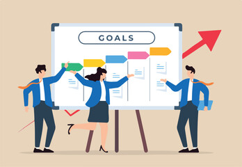 Vector illustration of business team setting goals with sticky notes on whiteboard objective planning