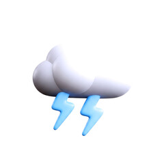 cartoon cloud with double lightning playful 3d render for app icons and childish designs, isolated on transparent background