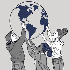 Vector art of diverse group of teenagers collaborate to lift a globe, symbolizing teamwork, global awareness, and environmental responsibility