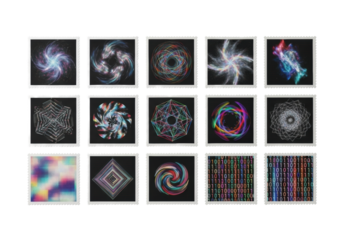 Meticulously arranged square iridescent postage stamps with abstract digital art patterns on pearlescent paper, isolated on transparent, concept of future communication