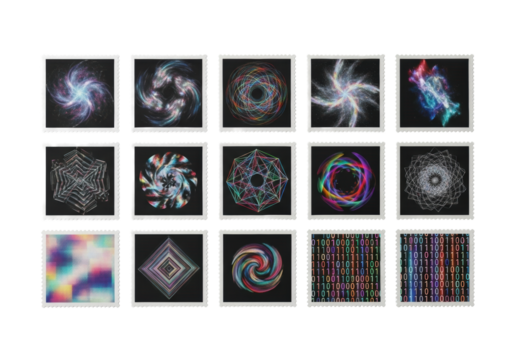 Meticulously arranged square iridescent postage stamps with abstract digital art patterns on pearlescent paper, isolated on transparent, concept of future communication