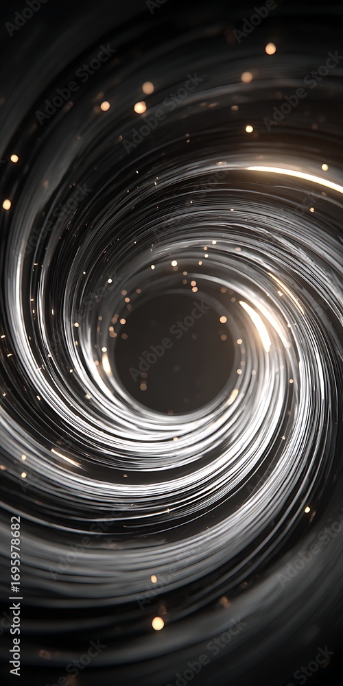 Poster an ethereal digital rendering of a swirling vortex, composed of white and silver lines, creating a c