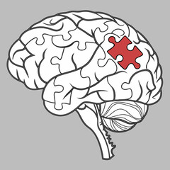 Vector art of human brain with a red puzzle piece, symbolizing cognitive function, memory, problemsolving, and the complexity of the mind, on a gray background
