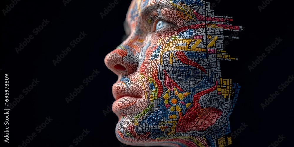 Poster vibrant digital identity portrait humanoid design merging colorful data and complex representations
