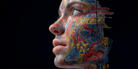 Vibrant Digital Identity Portrait Humanoid Design Merging Colorful Data and Complex Representations