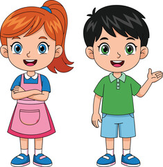 PrintHappy cartoon boy and girl standing together, smiling children in casual clothes, colorful illustration on white background for educational design.
