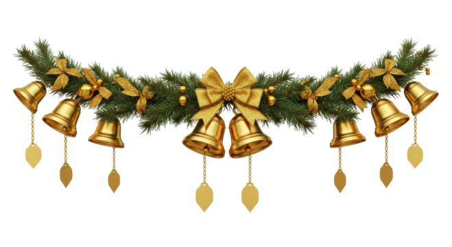 Festive Garland: A vibrant holiday decoration with golden bells, ribbons, and intricate ornaments, this image captures the essence of winter festivities.