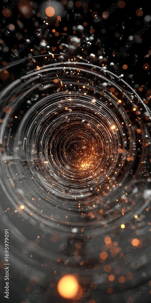 Poster an abstract design featuring concentric circles and glowing particles, creating a sense of depth and