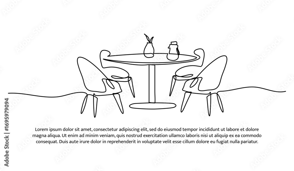 Poster one row of tables and chair. minimal abstract continuous lines.