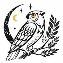 Vector art of mystical owl perched on branch with moon and stars illustration, evoking magic, mystery, and connection to nature