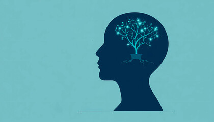 Silhouette profile featuring a glowing tree as brain roots, representing personal growth, intelligence, wellness, and psychological or educational development.