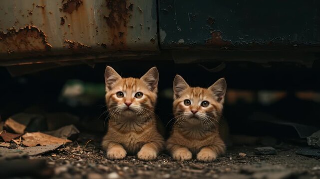 Two curious orange kittens sitting together under an old, rusty vehicle in a natural, outdoor setting