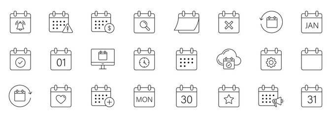 Calendar icon set. Line icon Containing date, schedule, month, week, appointment, agenda, organization, event and more icons. Vector illustration.