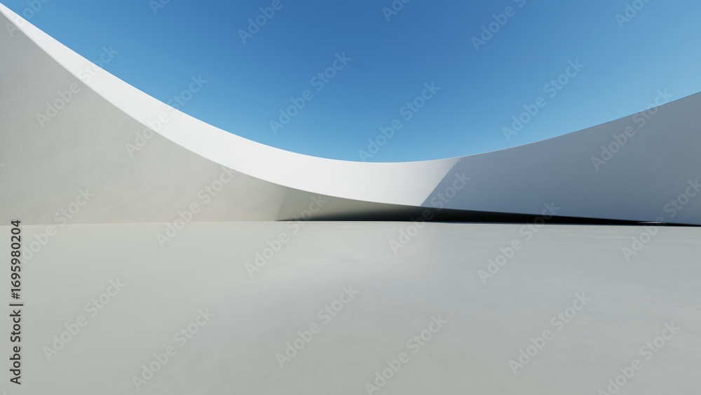 Poster abstract white curved architecture background, empty wavy space with reflected concrete floor, futur