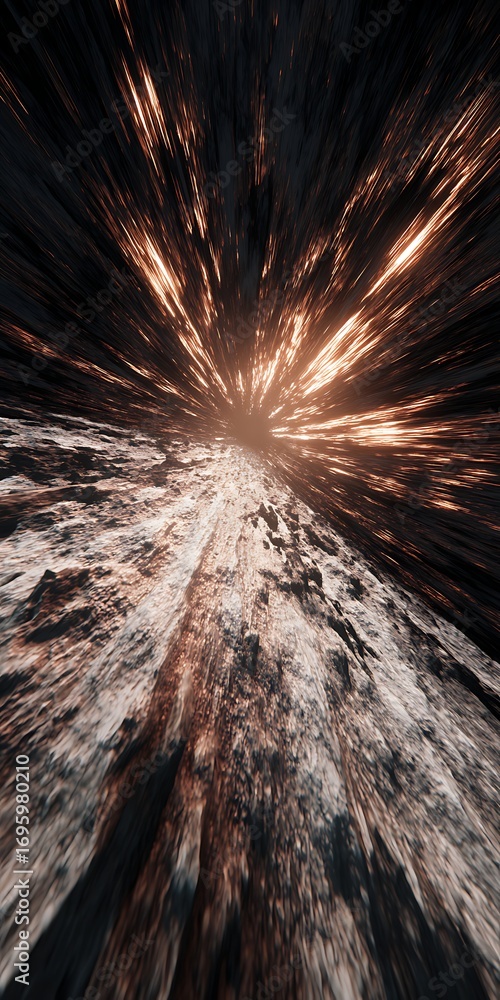 Poster a mesmerizing journey through a dark tunnel with glowing embers, creating a sense of depth and myste