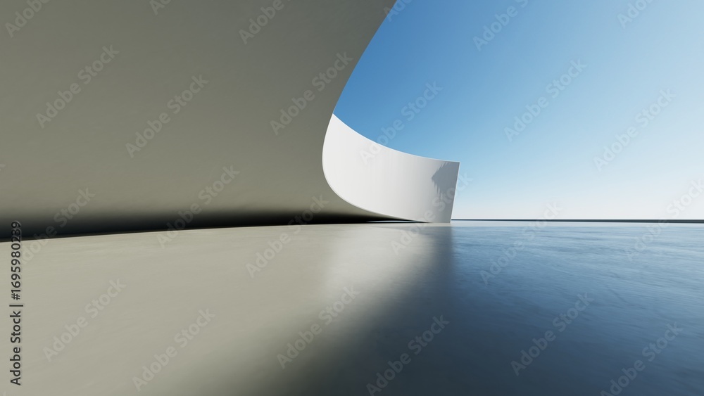 Poster abstract white curved architecture background, empty wavy space with reflected concrete floor, futur