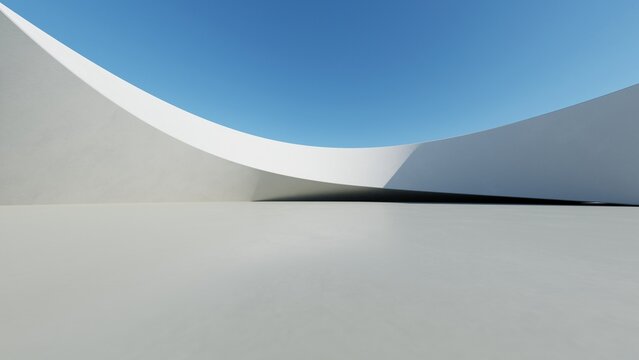 Abstract white curved architecture background, Empty wavy space with reflected concrete floor, Futuristic modern interior backdrop, 3d rendering of twisted building