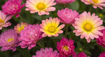 Pink and yellow daisy-like flowers with gradient petals and yellow centers surrounded by green foliage in vibrant natural bloom