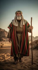 Fototapeta premium Biblical era man, a prophet or apostle wearing traditional clothing, stands with a staff in a desert landscape. Religious and spiritual journey.
