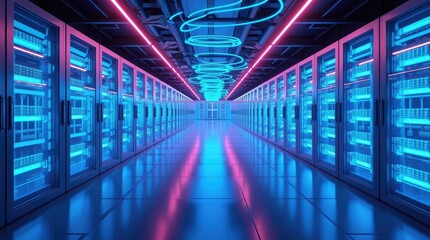 Immersive data center hallway with glowing blue servers and pink neon lights evokes futuristic innovation and advanced technology for digital infrastructure projects.