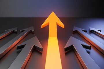 Glowing Orange Arrow Leading Dark Grey Arrows: Success, Growth, Leadership Concept.