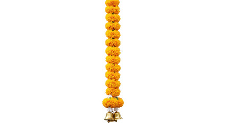 Marigold Garland: A vibrant and colorful marigold garland hangs, showcasing its golden hue and intricate floral arrangement with bells. capturing the aesthetic of traditional decorations.