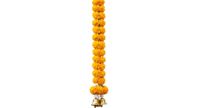 Marigold Garland: A vibrant and colorful marigold garland hangs, showcasing its golden hue and intricate floral arrangement with bells. capturing the aesthetic of traditional decorations.