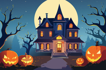 Fototapeta premium Cartoon Haunted Spooky House Halloween Pumpkins