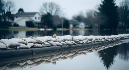 Naklejka premium Flood protection barrier sandbags suburban homes water disaster prevention emergency response safety security risk management natural disaster mitigation climate change environmental protection