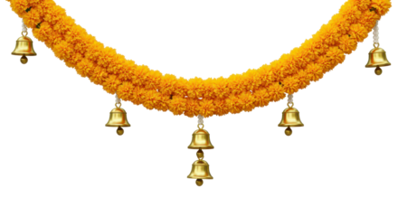 Marigold Garland: An artistic close-up of a decorative marigold garland with golden bells hanging gracefully. A symbol of beauty and celebration, perfect for conveying elegance and festivity.