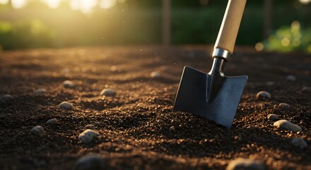 Small gardening trowel in freshly tilled dark soil with wooden handle and soft sunlight in blurred garden background