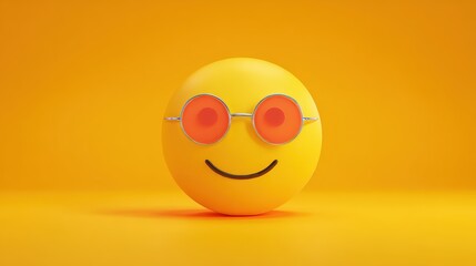 Fototapeta premium Bright yellow smiling emoji face wea round red sunglasses on vibrant orange background with playful cheerful mood