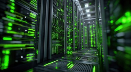 Futuristic Data Center with Server Racks and Green Cyber Grid