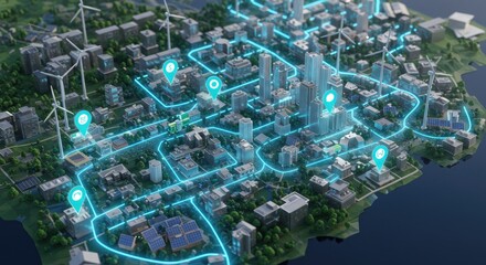 City map with highlighted routes and locations