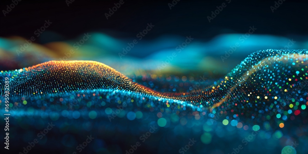 Poster abstract digital waves with vibrant colors and illuminated dots creating a futuristic landscape for 