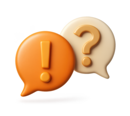 3D orange and beige speech bubbles with question and exclamation marks