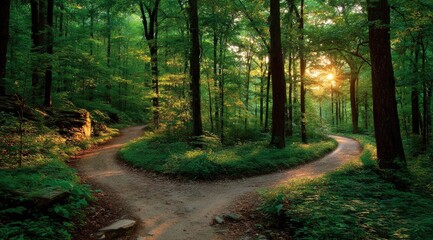 Fototapeta premium Sunlit forest path forks