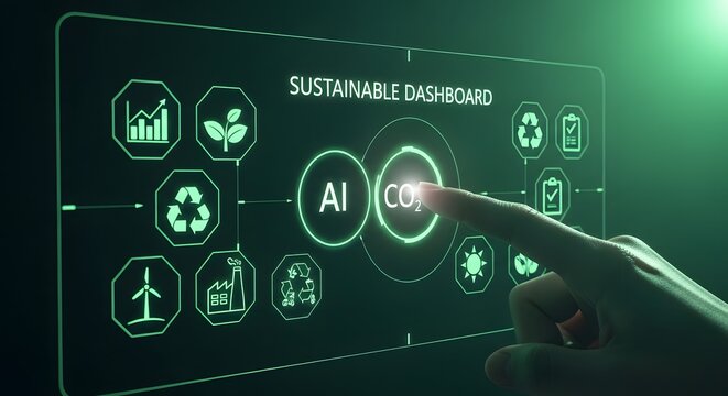 Finger touching ai and green technology icons on futuristic sustainable engineering screen