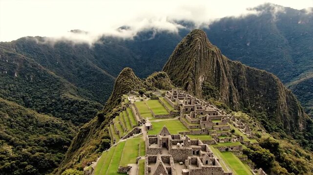Drone Aerial View of Machu Picchu Ancient Inca Ruins Peru