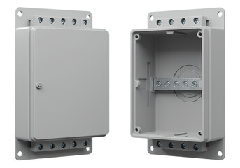 Versatile Gray Plastic Enclosures Two Views of an Electronic Component Housing  Perfect for Industrial Electrical or Technical Projects isolated on transparent background
