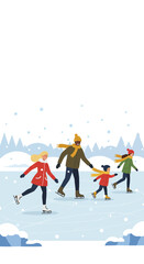 Family Ice Skating Adventure in Winter Landscape Illustration 1.