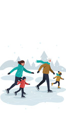 Family Ice Skating Outing in Winter Landscape Illustration.