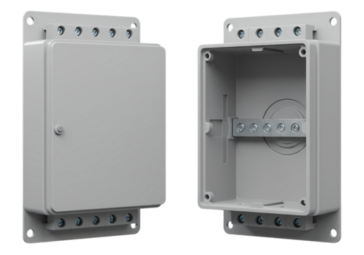 Versatile Gray Plastic Enclosures Two Views of an Electronic Component Housing  Perfect for Industrial Electrical or Technical Projects isolated on transparent background - Powered by Adobe