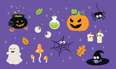 Halloween illustration featuring stylized Pumpkins, Ghosts, Bats, Spiderwebs. Perfect for posters, invitations, banners, web, print and social media. 
