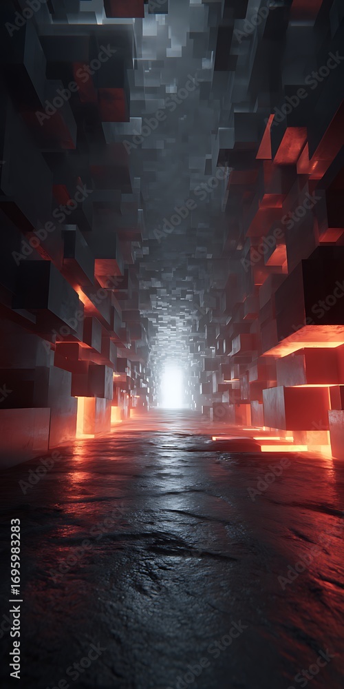 Poster a mesmerizing journey through a futuristic tunnel, where glowing blocks create an otherworldly path 