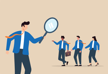 Flat illustration of businessman using magnifying glass to evaluate group of diverse job candidates recruitment hiring process and talent search vacancy