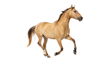 Brown horse galloping across a clear backdrop during daylight in an open field on a transparent background