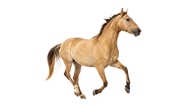 Brown horse galloping across a clear backdrop during daylight in an open field on a transparent background