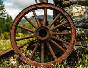 Rusty wagon wheel in a grassy field